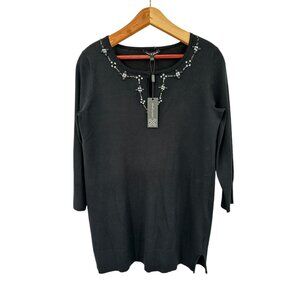 Cable & Gauge Black Embellished Sweater Tunic Keyhole Beaded 3/4 Sleeve Small